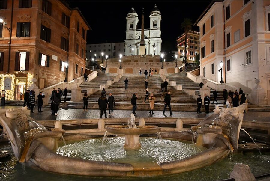 The Spanish Steps and Trinita dei Monti church illuminated at night