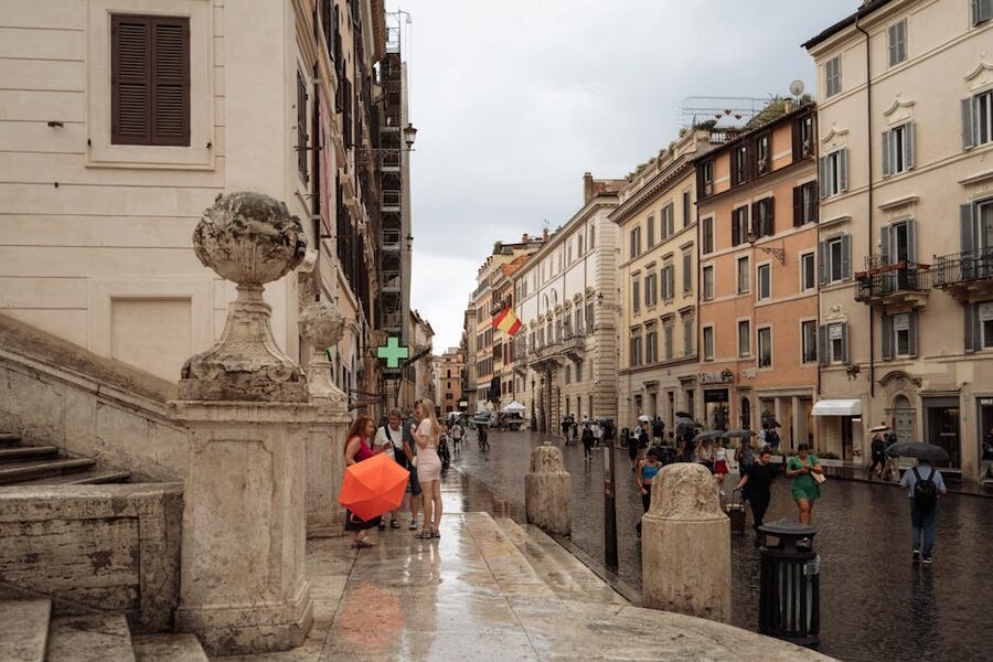 A historic street in central Rome with classic European architecture