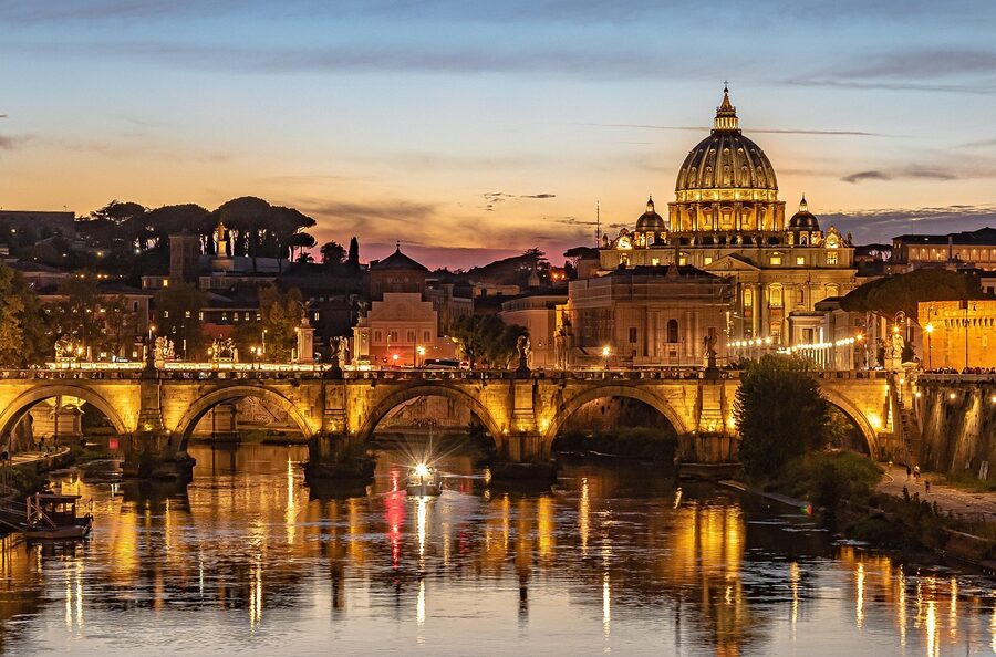 View of the Tiber River and bridges in central Rome