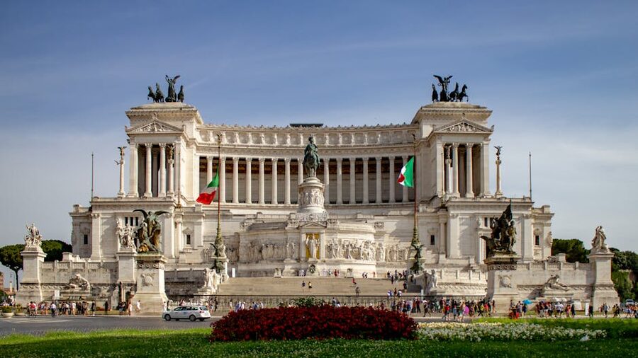 The Vittoriano monument illuminated at night in Rome