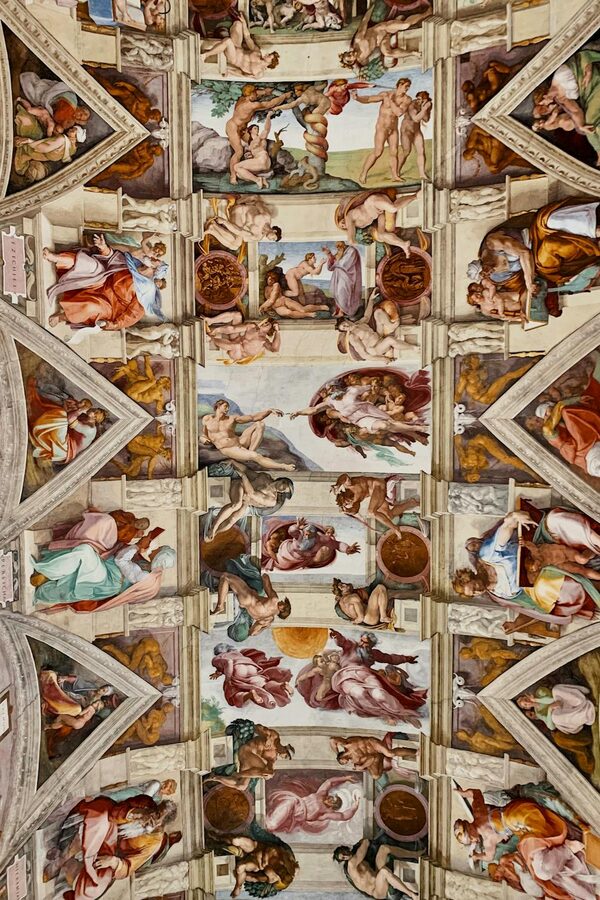 Close-up of Michelangelo ceiling frescoes inside the Sistine Chapel in Vatican City