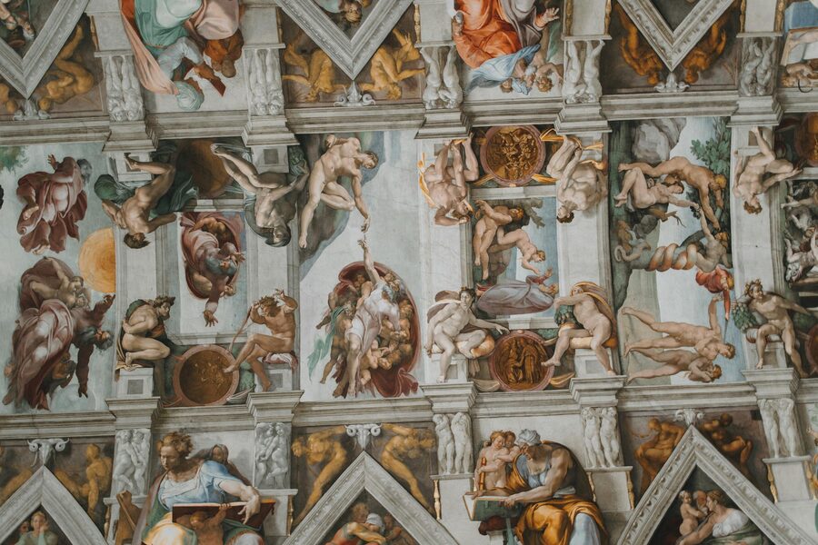 Michelangelo ceiling frescoes spanning the length of the Sistine Chapel
