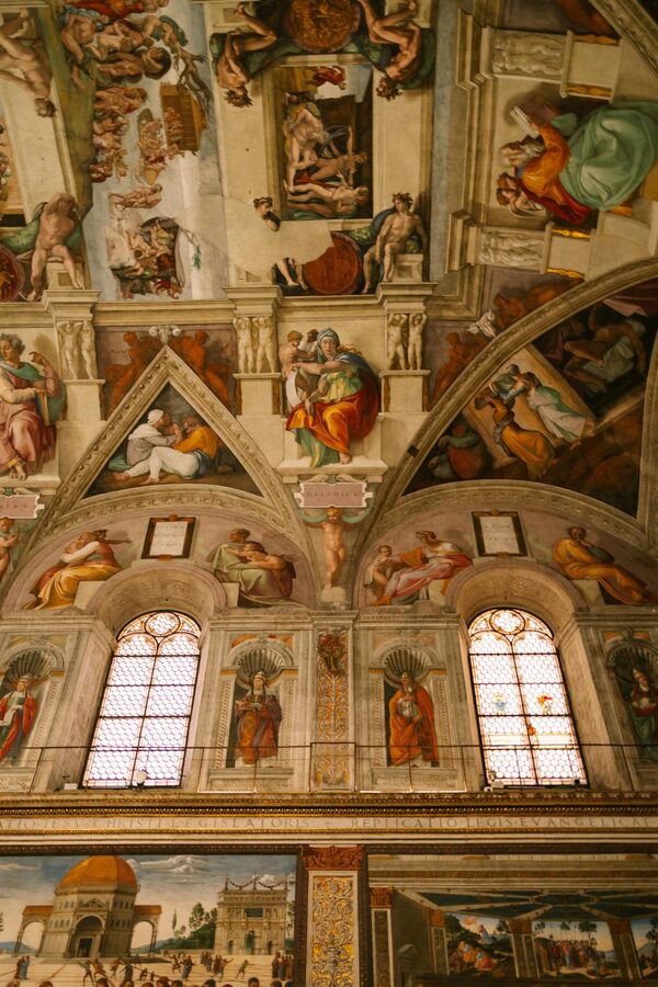 Wide view of the Sistine Chapel ceiling painted by Michelangelo
