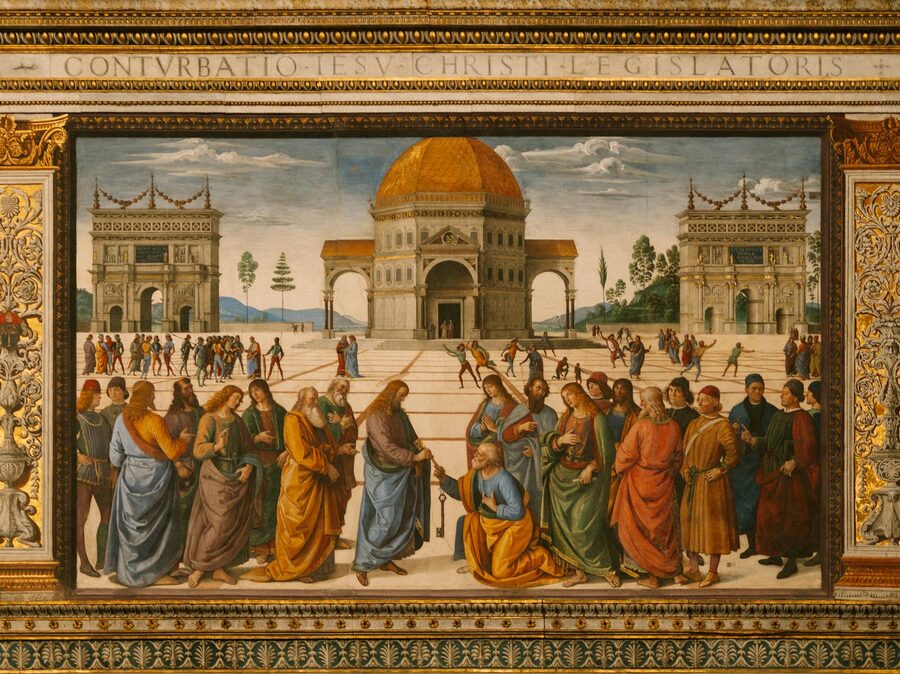Fresco of Jesus handing keys to Saint Peter on the Sistine Chapel wall