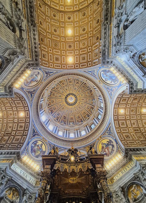 The ornate dome ceiling inside St Peters Basilica looking up