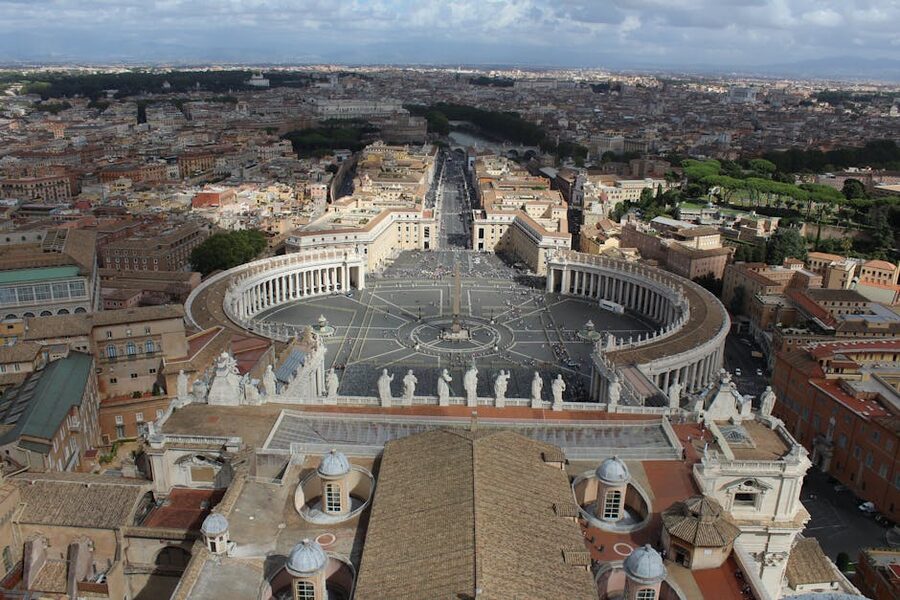 Wide aerial shot of St Peters Square and Vatican City