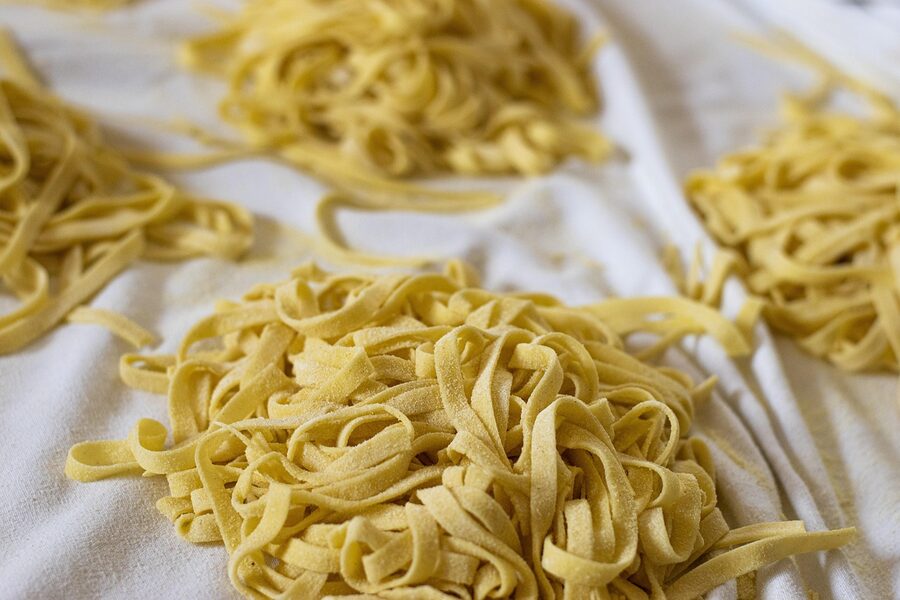 Fresh tagliatelle pasta drying