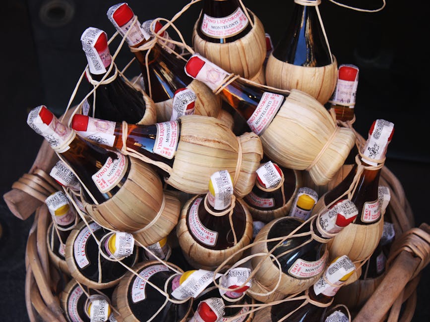 Tuscan Chianti wine bottles in straw fiasco baskets