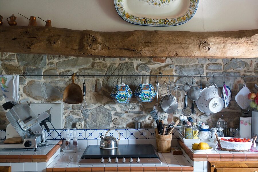 Tuscan farmhouse kitchen with wooden beams