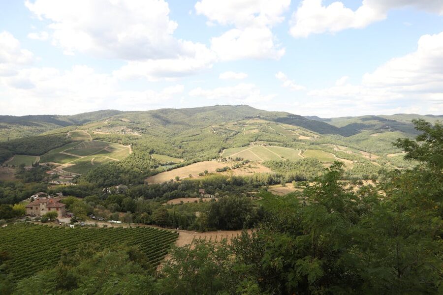 Aerial view of Tuscany rolling hills and vineyards