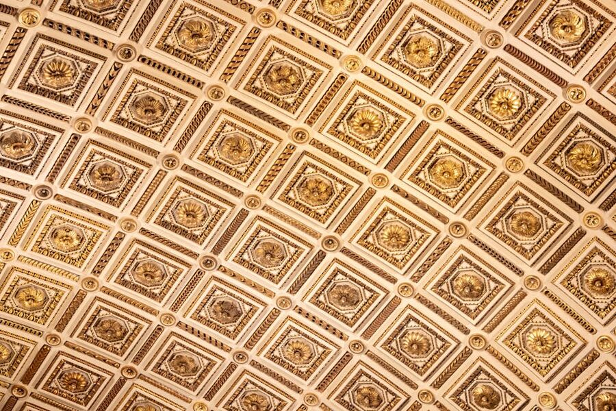 Detailed view of the elaborate ceiling at Uffizi Gallery Florence