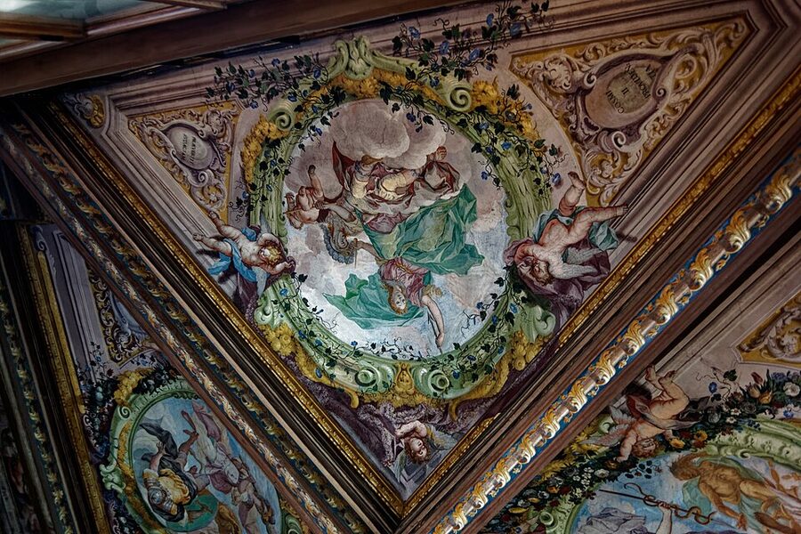 Decorated ceiling of the Vasari Corridor at the Uffizi Gallery