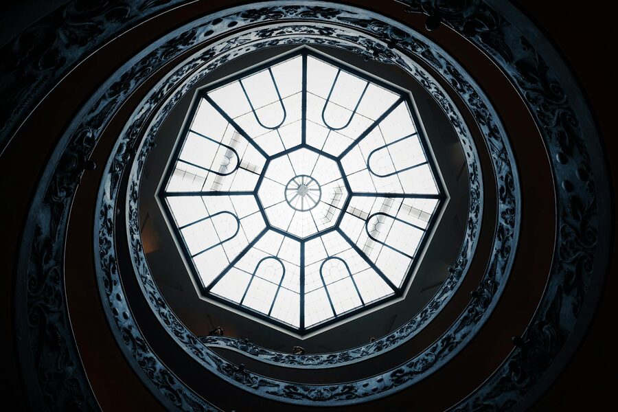 Looking up at the famous double helix spiral staircase in the Vatican Museums