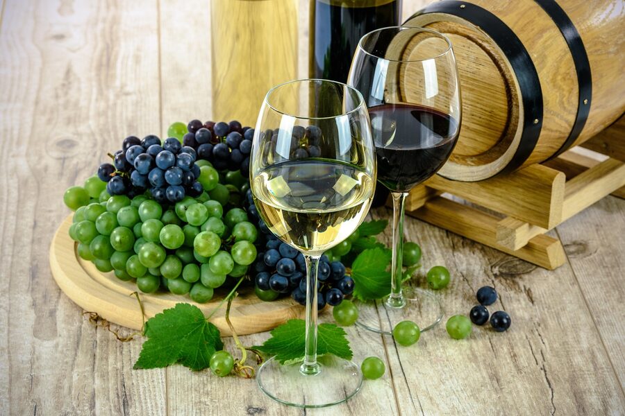 Wine glasses set up for tasting at a winery