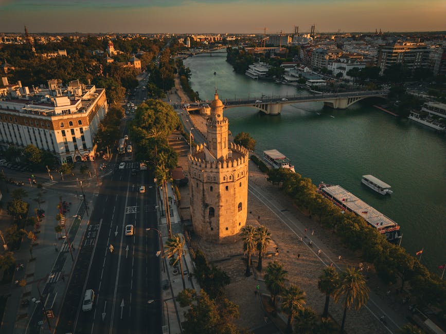 Torre del Oro and the Guadalquivir River from above at sunset