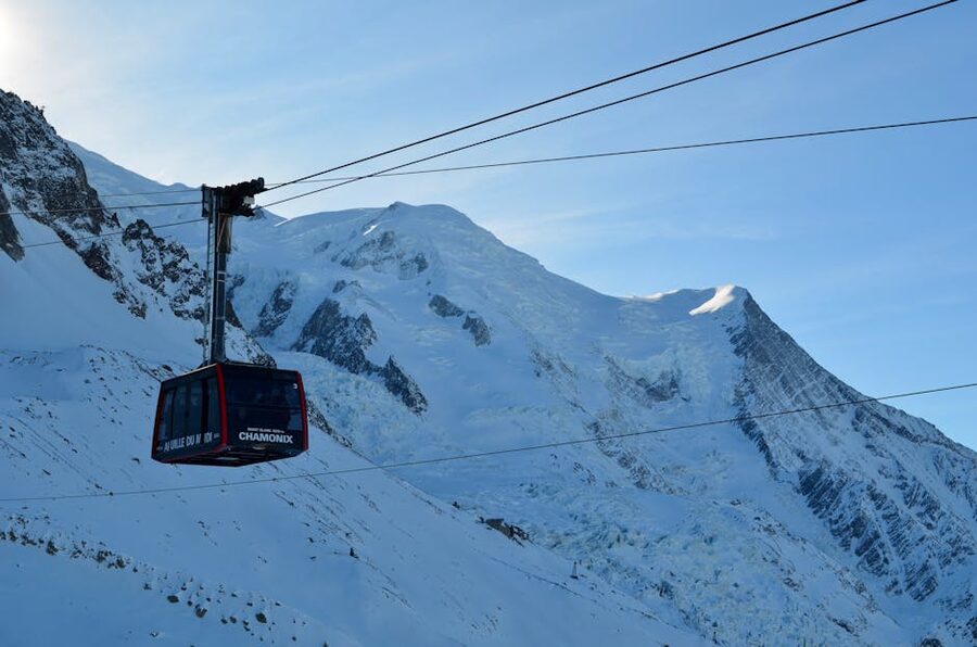 Cable car ascending Aiguille du Midi with Mont Blanc backdrop in winter