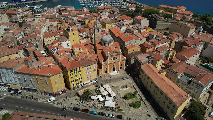 Aerial view of Ajaccio's rooftops and coastline