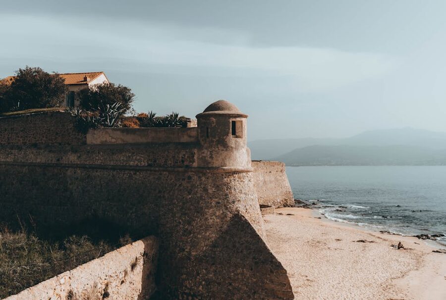 Citadel walls Ajaccio Corsica with sandy shore