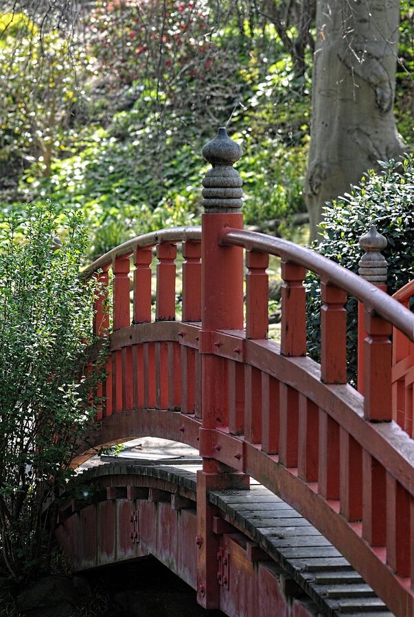 Red bridge in the Albert Kahn Japanese garden Boulogne-Billancourt
