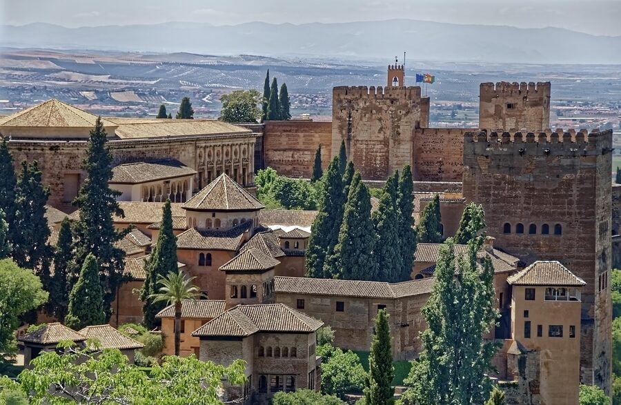 Alhambra fortress walls and towers from the southern slope