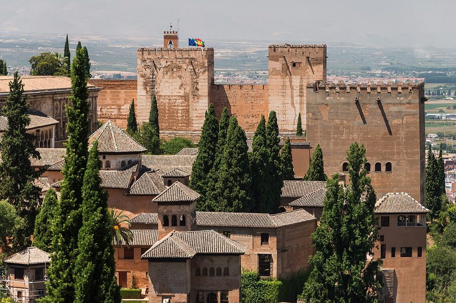 Roofs and towers of the Alhambra seen from the Generalife gardens
