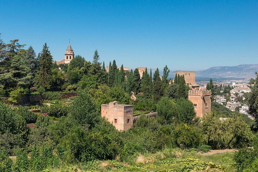 The walls and exterior towers of the Alhambra fortress in Granada Spain
