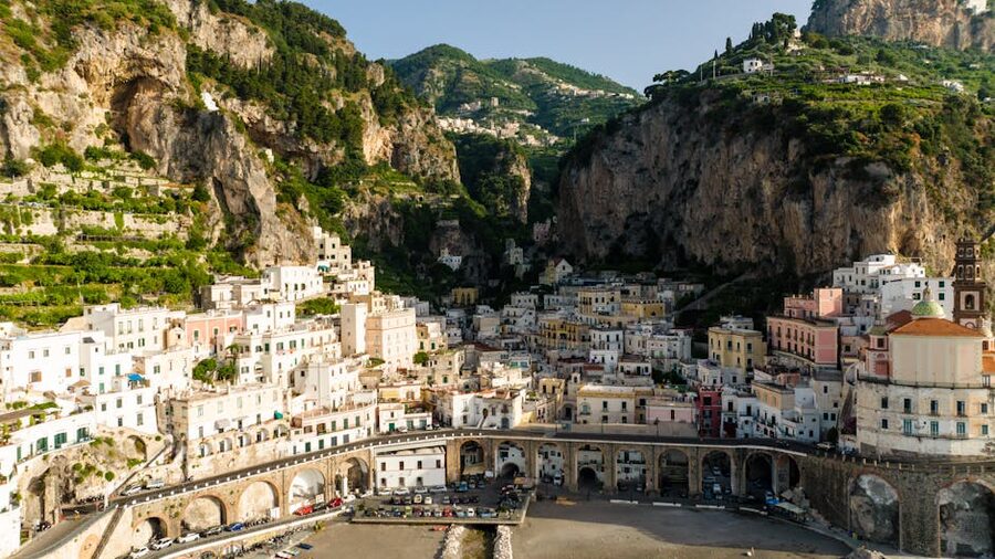 Amalfi Coast town seen from the sea