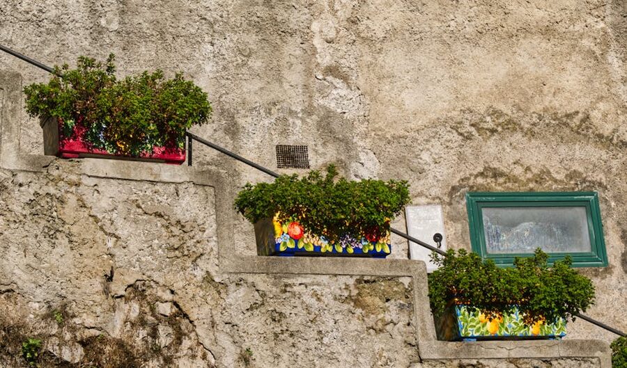 Positano rustic stone steps with planters