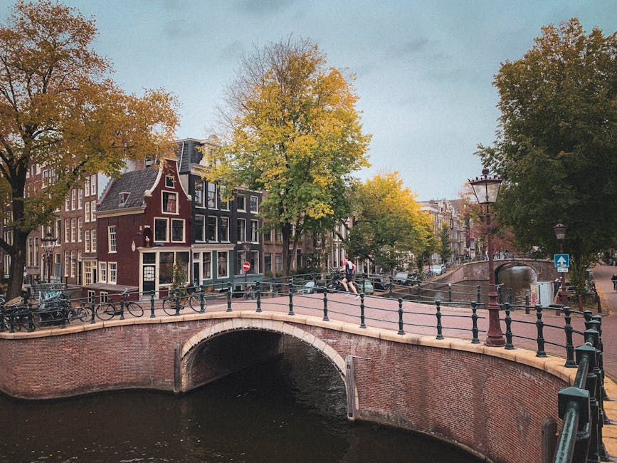 Pedestrian bridge across an Amsterdam canal in autumn with golden trees and reflections