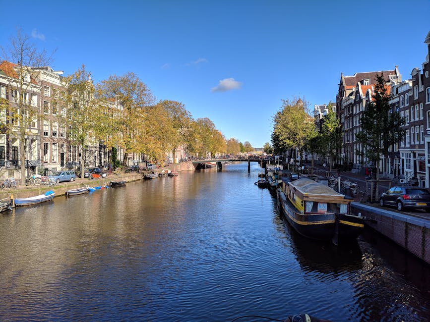 Amsterdam canal with historic houses on a bright day