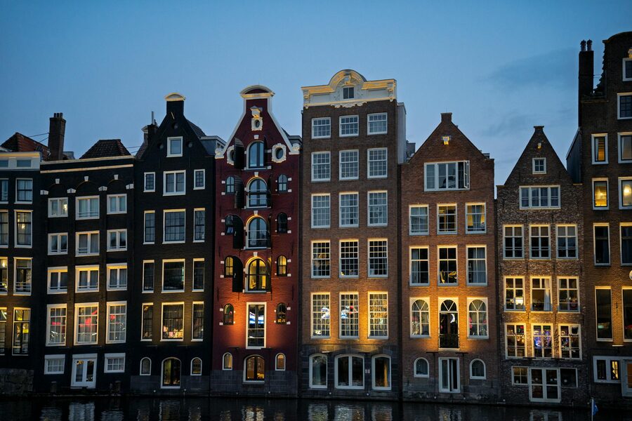 Traditional Dutch canal houses Amsterdam twilight