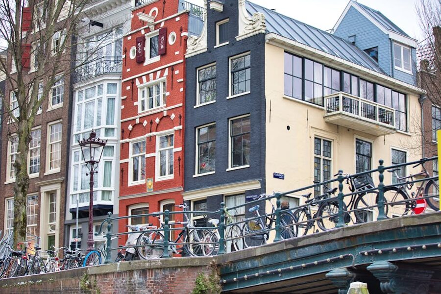 Bicycles parked on a bridge over an Amsterdam canal