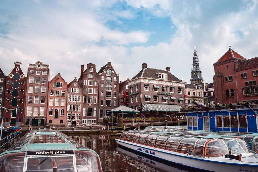 Amsterdam canal port with boats
