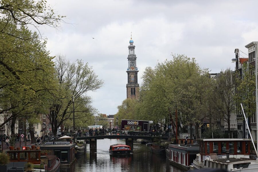 Westerkerk tower above the Prinsengracht in spring