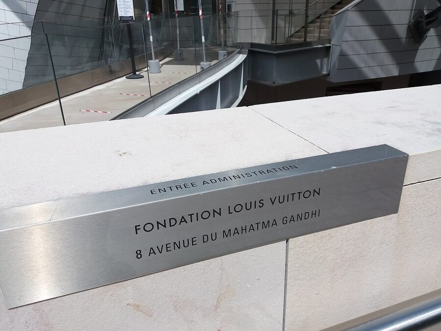 Plaque at the entrance of the Fondation Louis Vuitton on Avenue du Mahatma Gandhi Paris