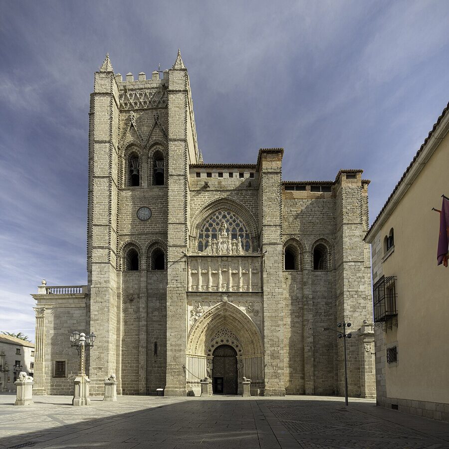 West facade of Avila Cathedral with Gothic portal and twin towers