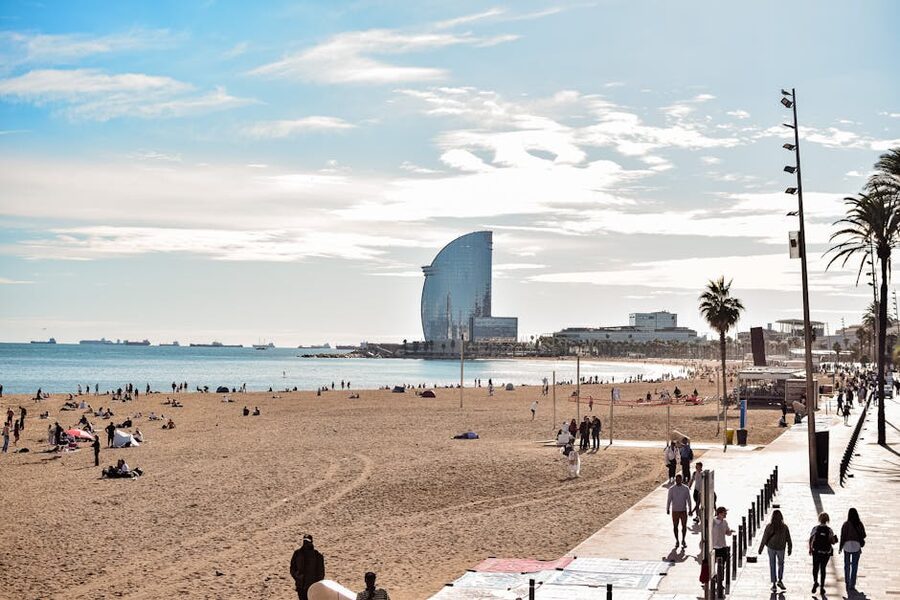 Barceloneta beach with W Hotel and the Mediterranean in Barcelona