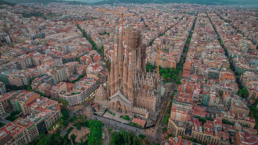 Aerial of the Eixample grid and Sagrada Familia in Barcelona