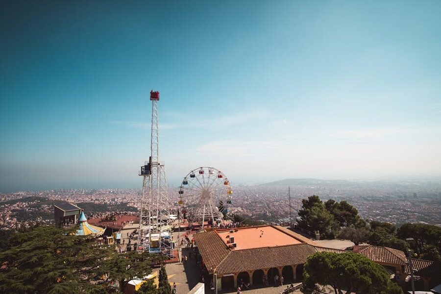 Tibidabo Ferris wheel with Barcelona cityscape stretching to the sea