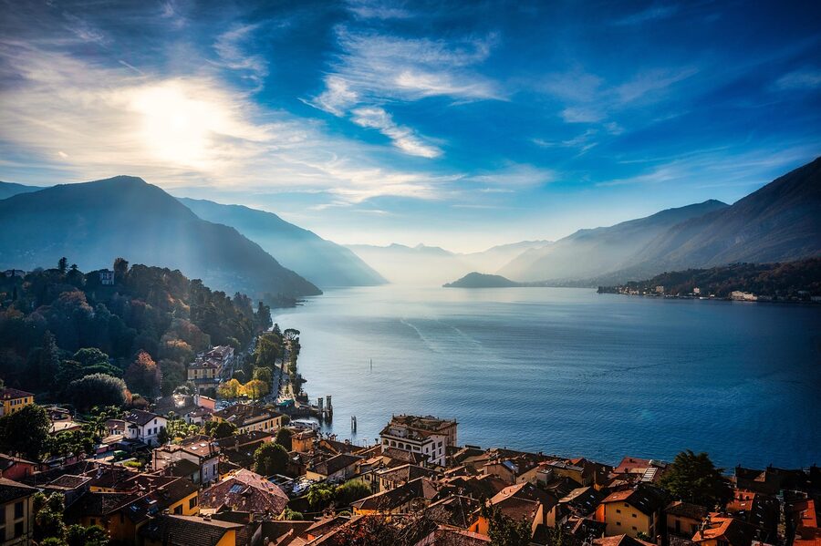 Red tile rooftops of Bellagio above Lake Como