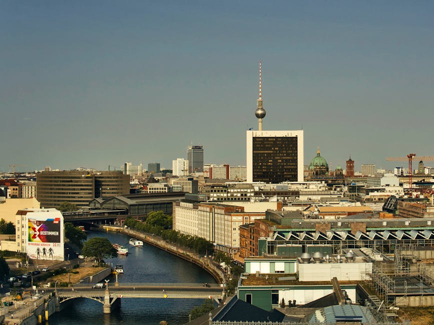Aerial view of Berlin cityscape with the TV Tower and Spree River