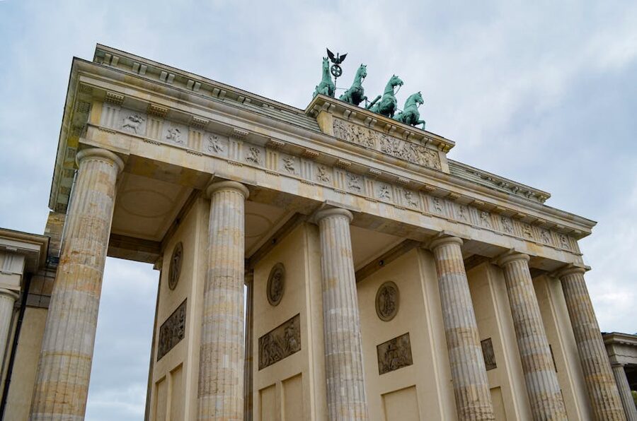 Brandenburg Gate Berlin low angle view of Quadriga statue