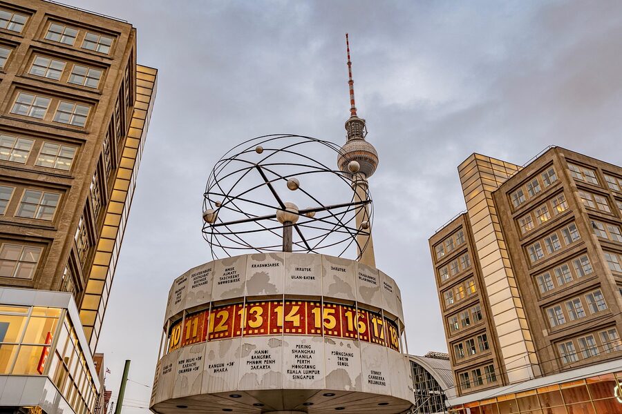Urania World Clock at Alexanderplatz with the TV Tower