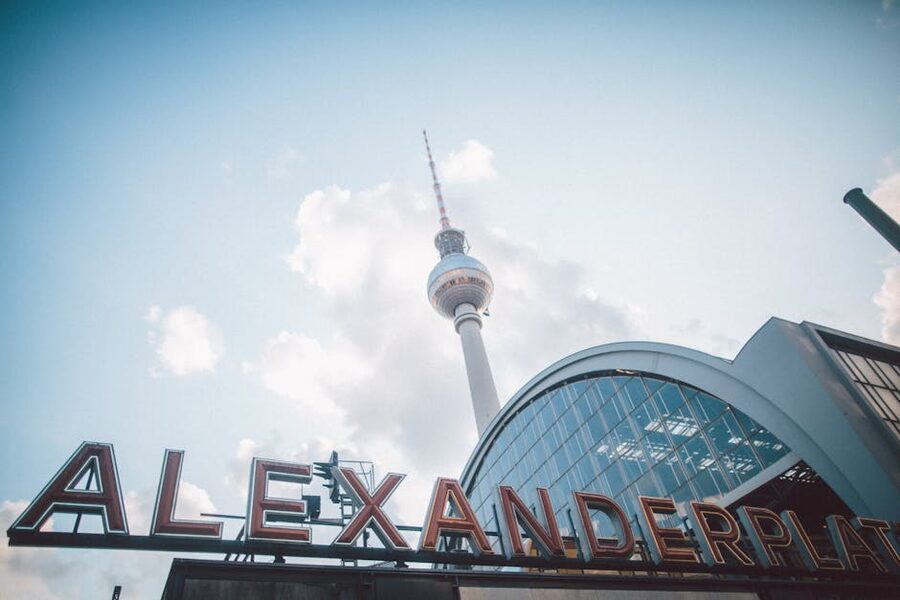 Low angle view of Berlin TV Tower at Alexanderplatz