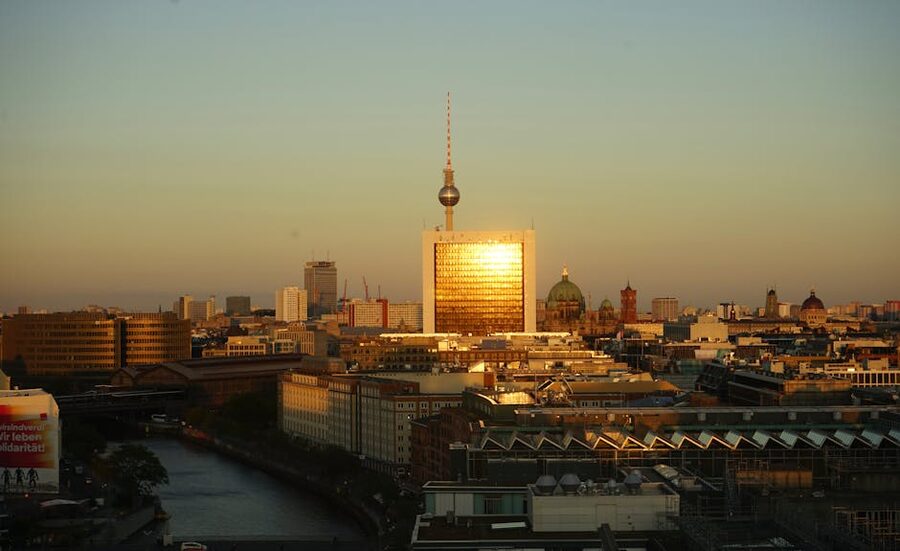 Berlin skyline with TV Tower glowing at sunset