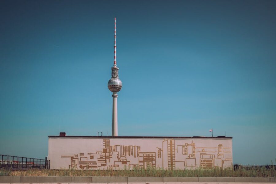 Berlin Television Tower against clear blue sky