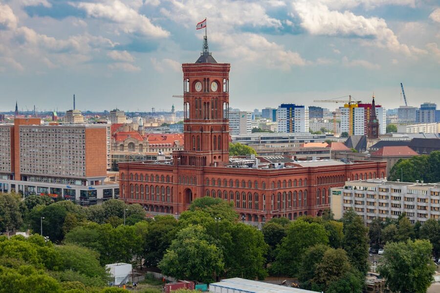Aerial view of Rotes Rathaus city hall amid Berlin skyline