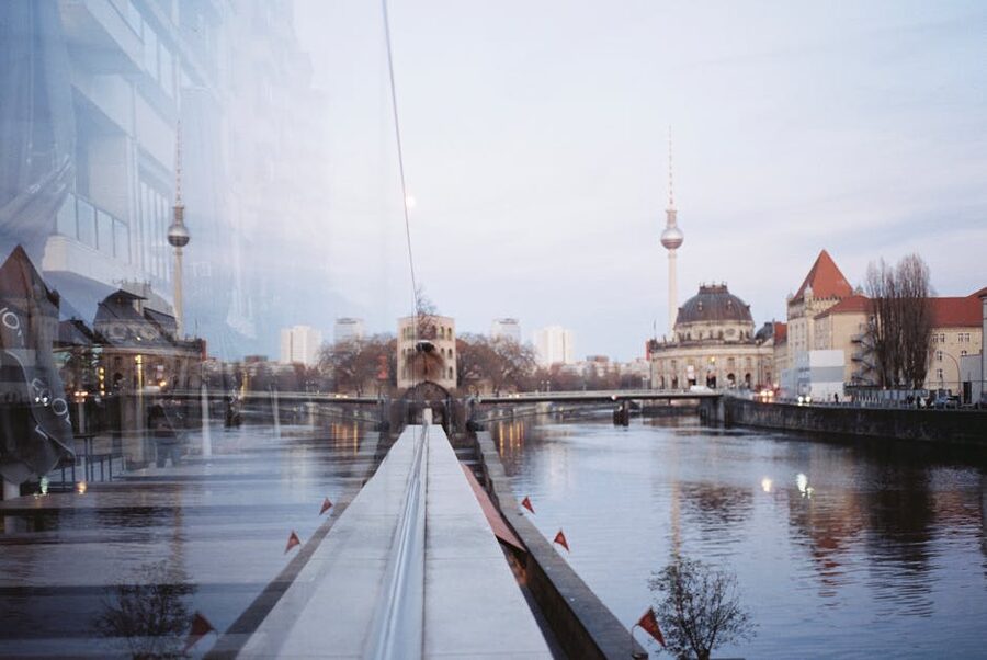 Spree River reflections of Fernsehturm at twilight