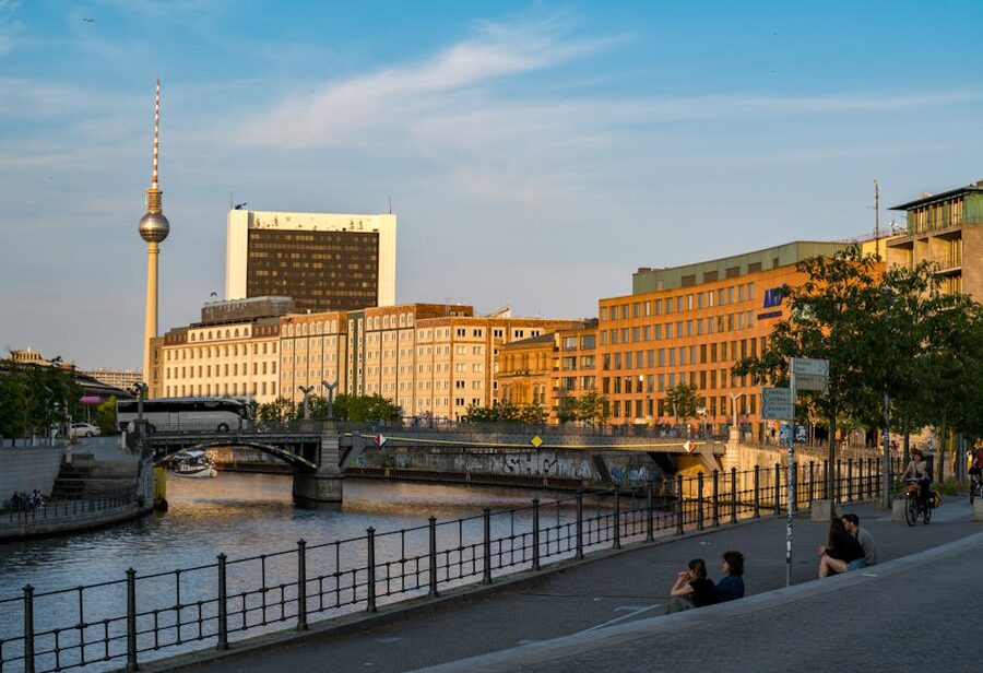 Berlin Spree River and TV Tower at sunset