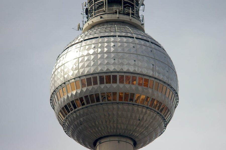 Close-up of Berlin TV Tower sphere with steel cladding pattern